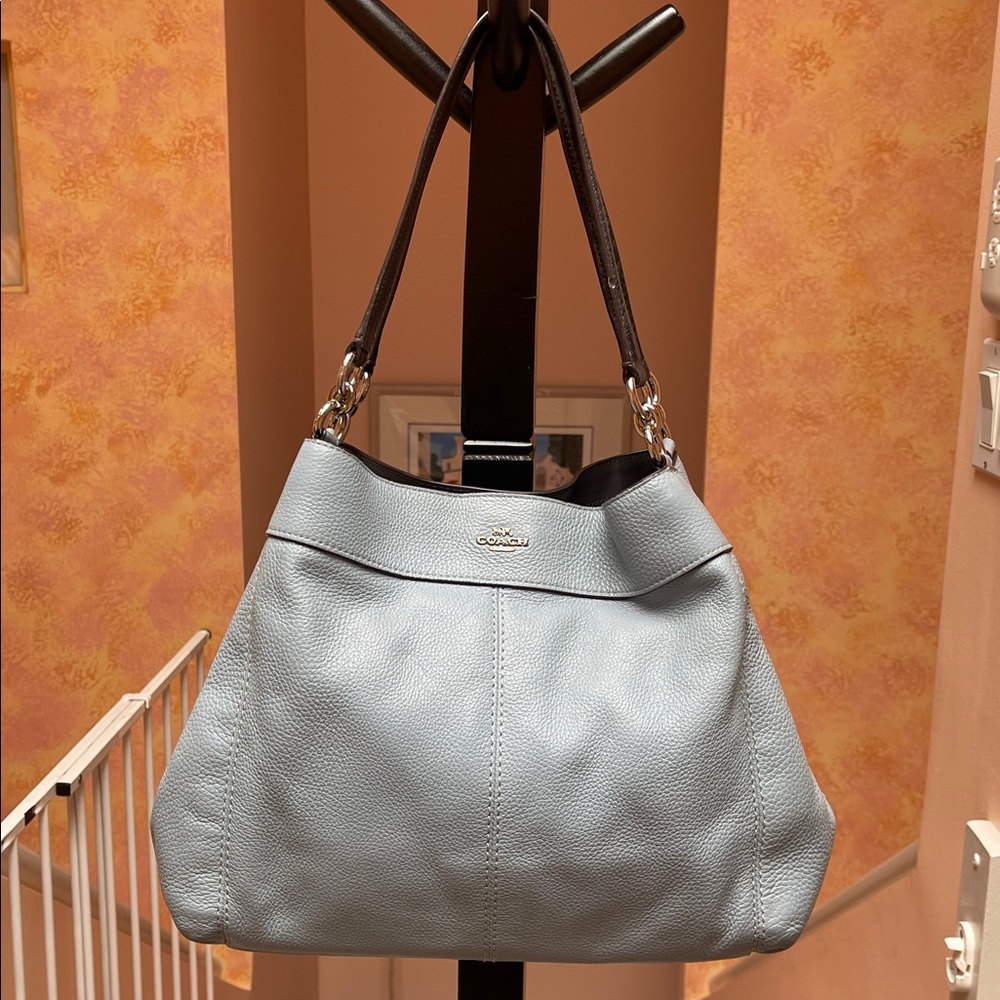 Coach Lexi Blue Pebbled Leather w/ black snake print double shoulder strap purse